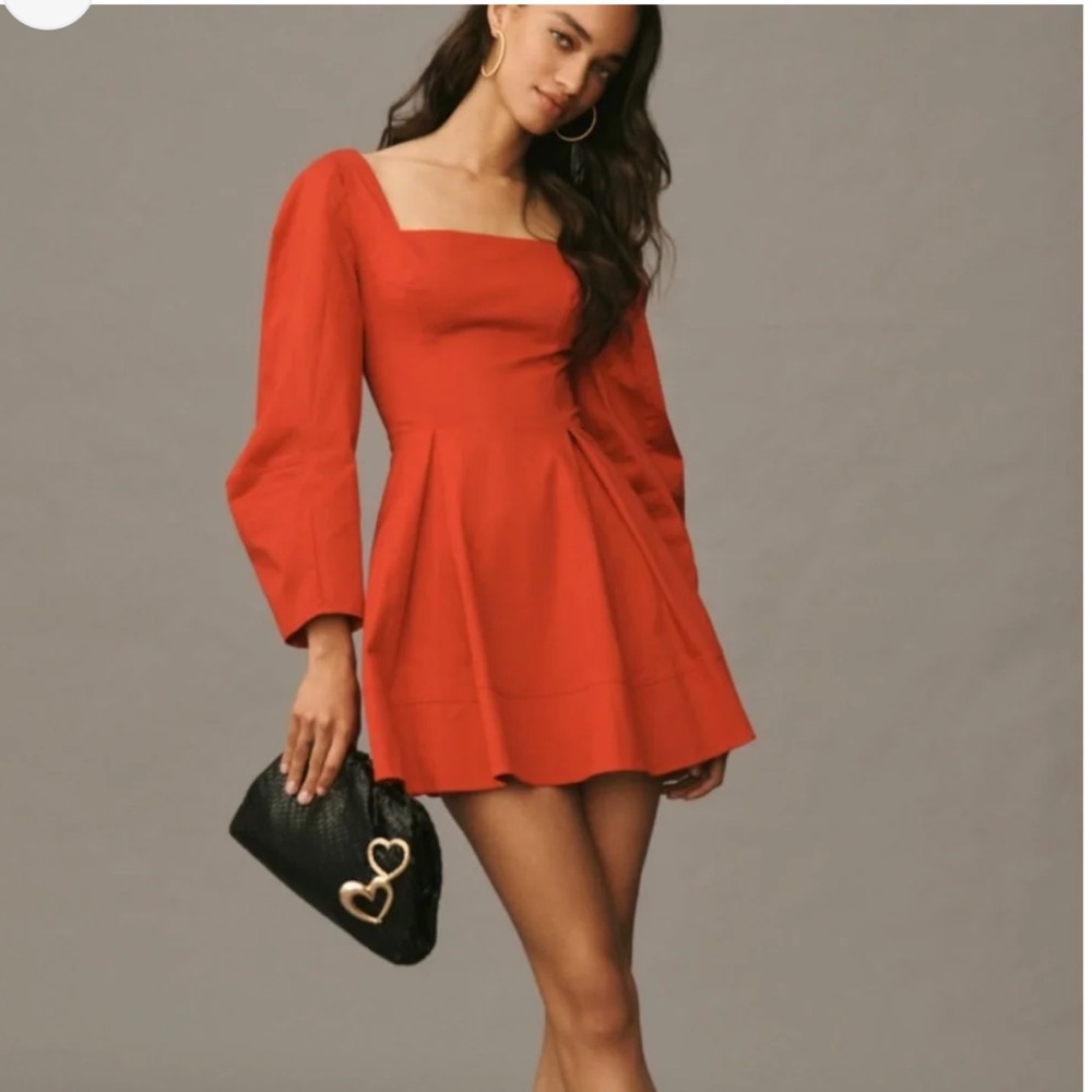 Maeve Anthropologie Red Puff Sleeve Square Neck Mini Dress Size S